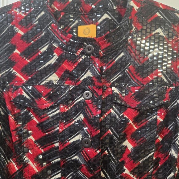 Ruby Rd. Size 6 Shiny Vinyl Button Front Jacket Blazer Red Black Lightweight - Picture 5 of 12